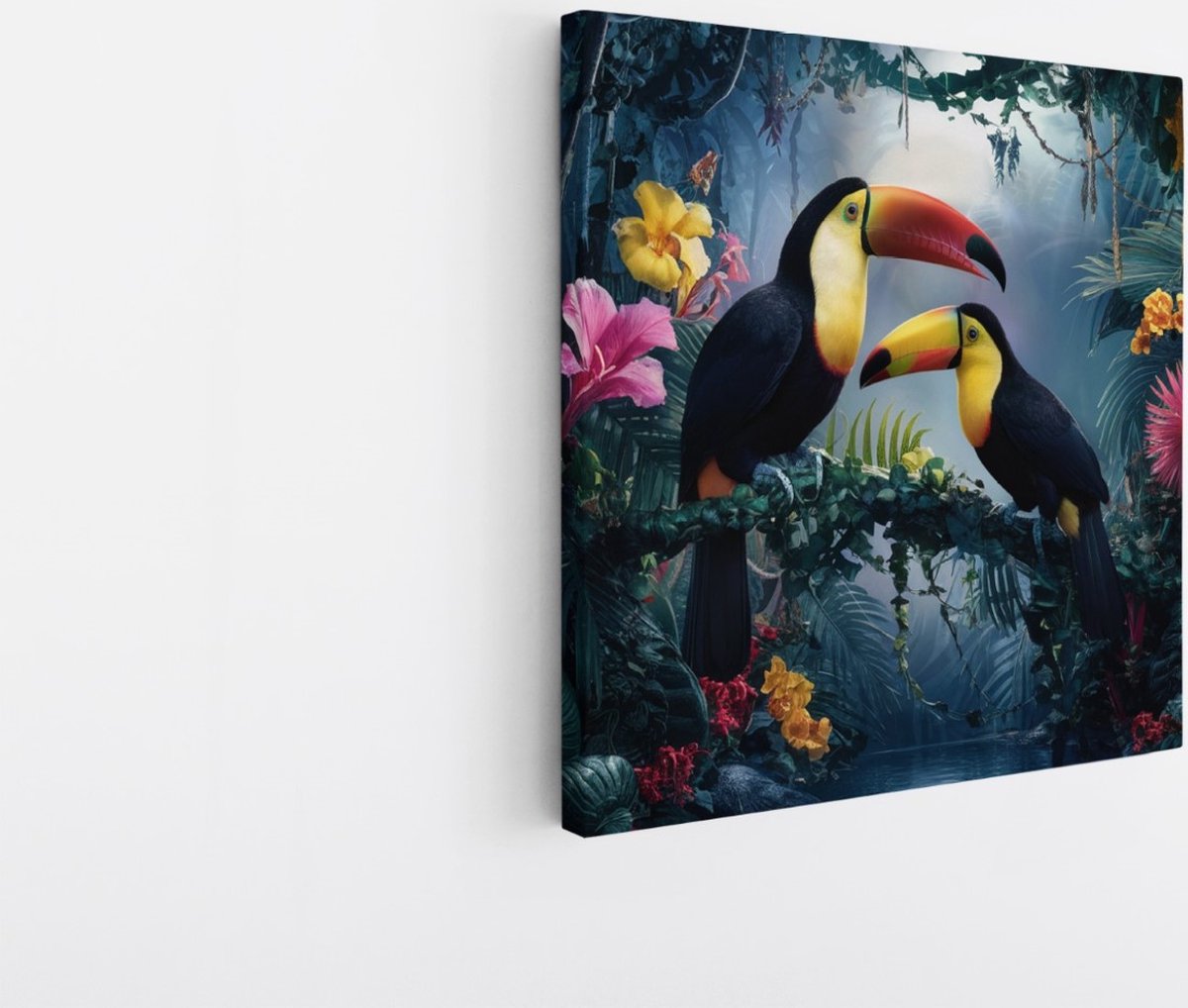 Saammp Canvas Schilderij - 2 toekans tussen de bloemen - Dieren - Bloemen - 30x30 - Foto op canvas - Wanddecoratie - muurdecoratie Woonkamer - Slaapkamer decoratie - Canvas Print Multicolor
