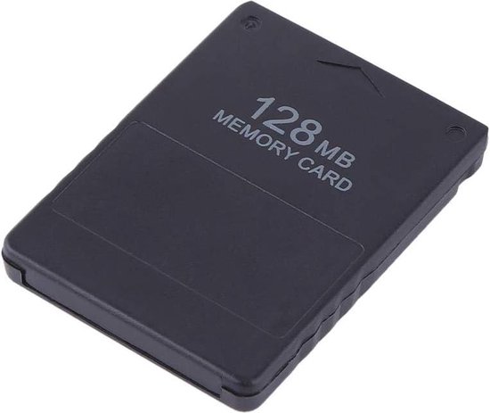 Zwarte 128 MB memory card voor Playstation 2 met tekst '128 MB MEMORY CARD'.
