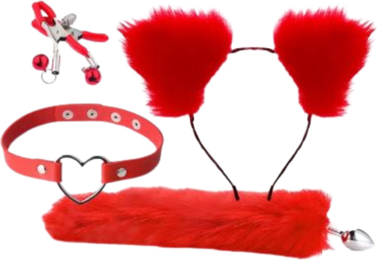 TipsToys Buttplug 4 Delige set - Staart Haarband met Oren Halsband Tepelklemmen - SexToy voor Koppels - Foxtail Rood