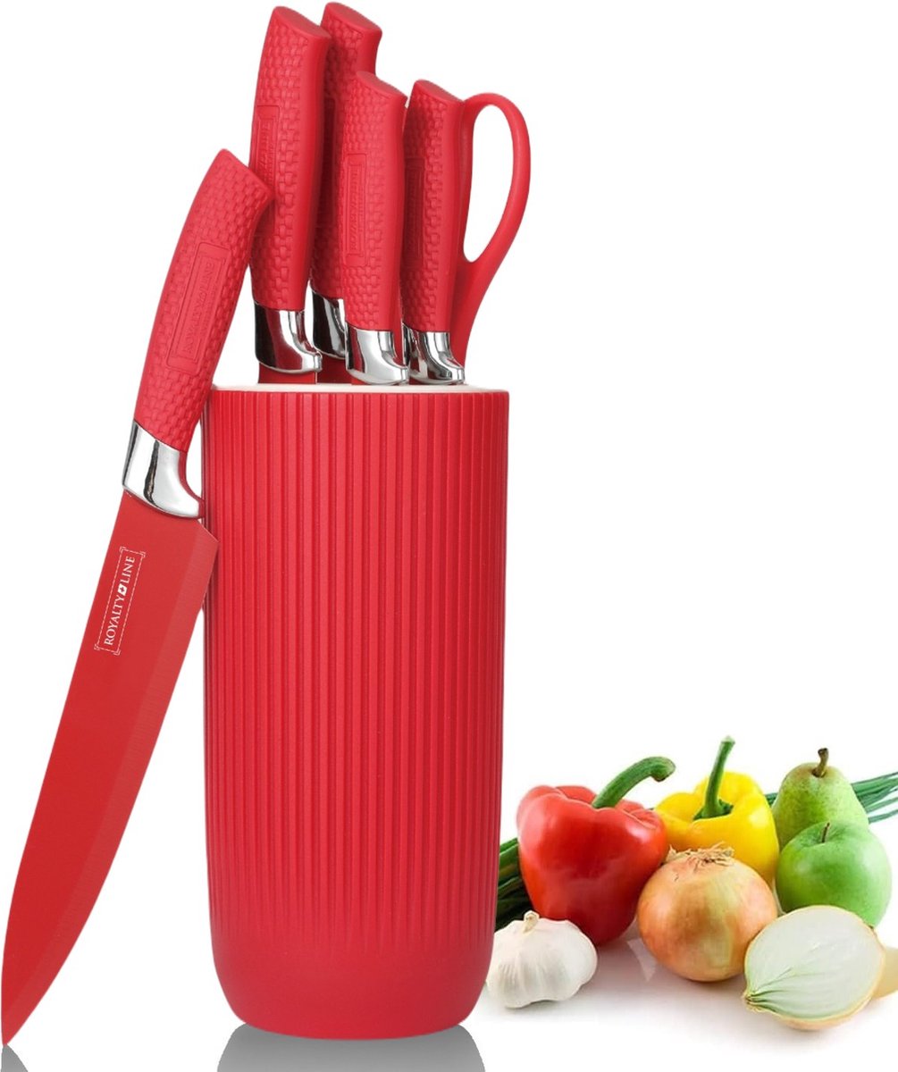 Royalty Line® NC07R Messenset Met Blok - Luxe 7 Delig Messenset - Broodmes - Koksmes - Vleesmessen en Schaar met Bieropener - Messenblok - Antiaanbaklaag - RVS / Rood