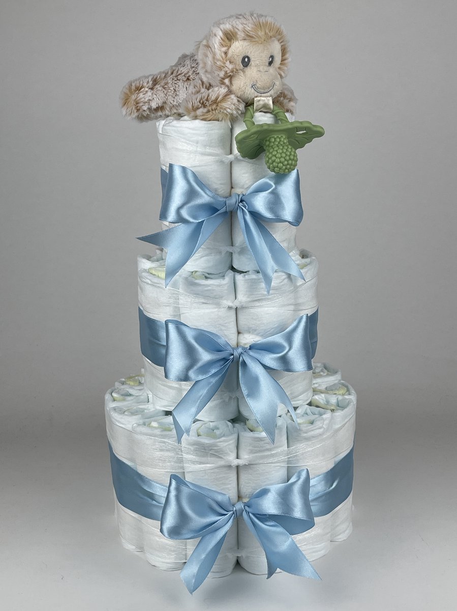 Chouette-Chouette | Luiertaart Jongen | Kraamcadeau | Geboorte Jongen | Babyshower | RaZbuddy Speenknuffel Aap Blauw