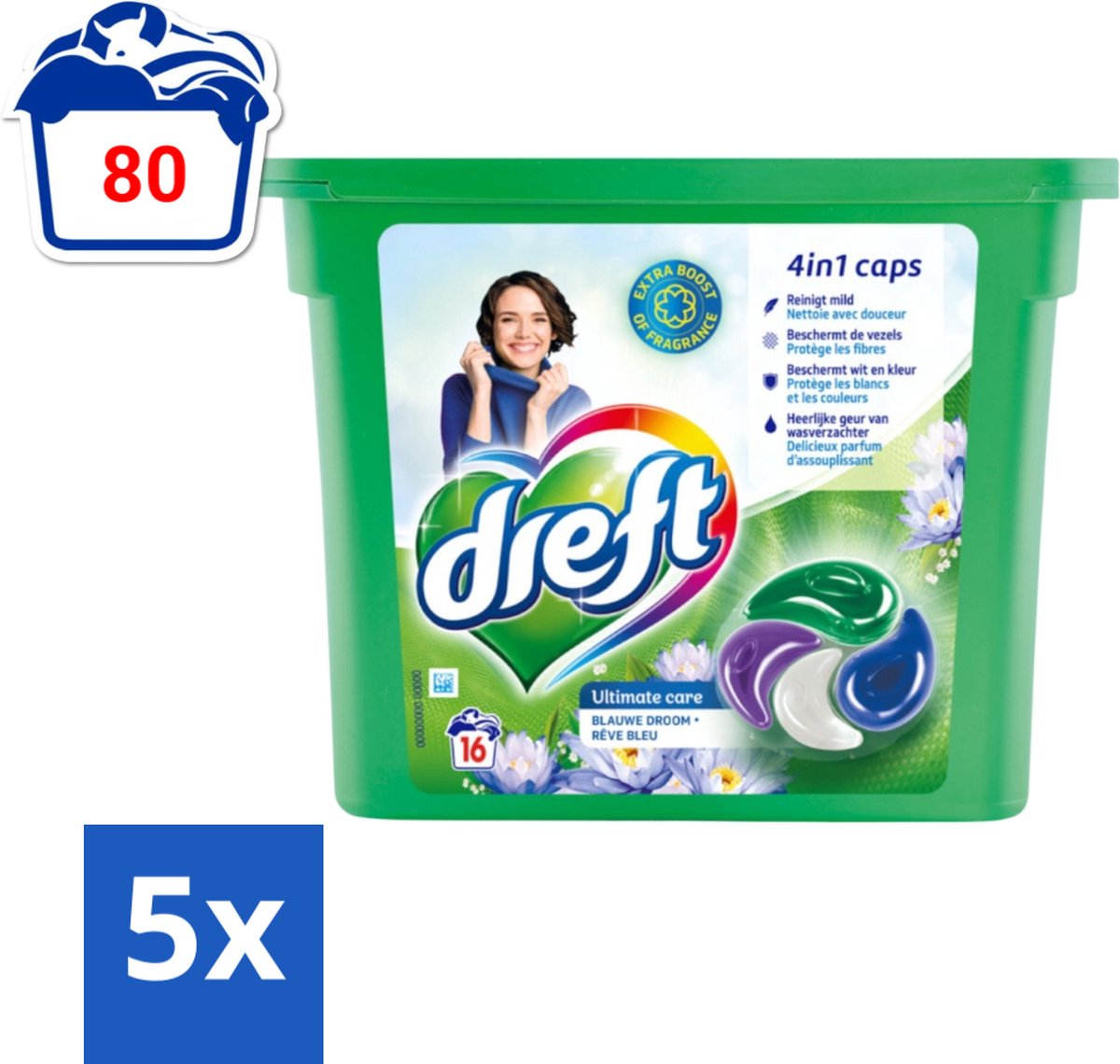 5 x Dreft - Wasmiddelcapsules 4in1 - Gekleurde Was - Blauwe Droom - 16 Wasbeurten - Wasmiddelcapsules - Blauwe Droom - Kleurbescherming - Frisheid - Wasgoed Reinigen