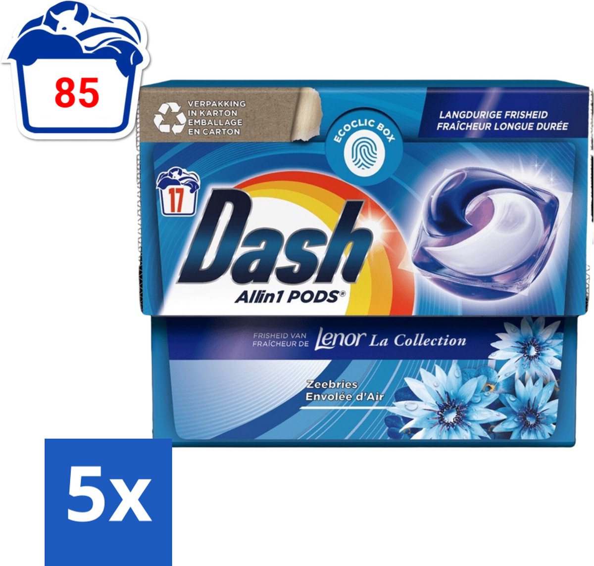 5 x Dash - Lenor Collectie - Wasmiddel Capsules - All-in-1 Pods - Witte en Gekleurde Was - Zeebries - 17 Wasbeurten - Wasmiddel Capsules - Zeebries Geur - Wasmachine Pod - Frisheid Was - Witte Was