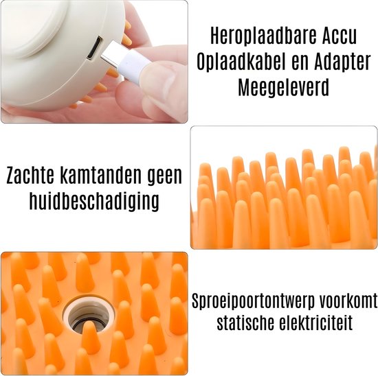 Gedetailleerd beeld van een oranje massagestrijker met zachte tandjes, USB-oplaadkabel en adapter meegeleverd.
