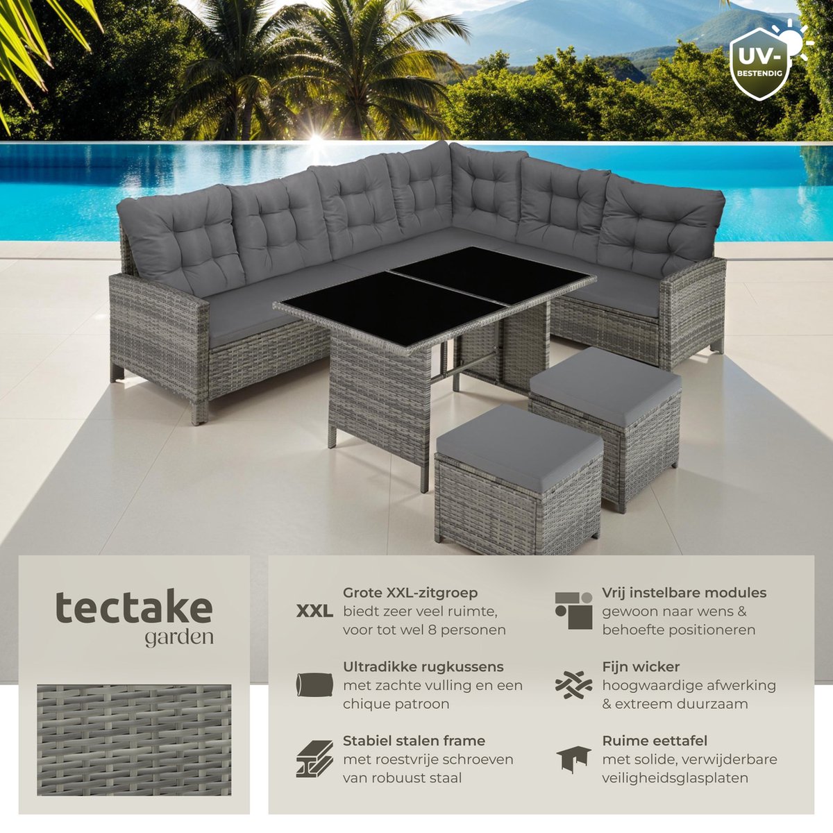 tectake® Loungeset Barletta - 6 tot 8 Personen - Modulaire Tuinset met Loungebank, Kruk en Tuintafel - Tuinmeubels - Balkonmeubel - 5-delige Zitgroep - Inclusief Kussens - Ideaal voor Tuin, Terras en Balkon - Beige met Grijze Kussens thumbnail 3