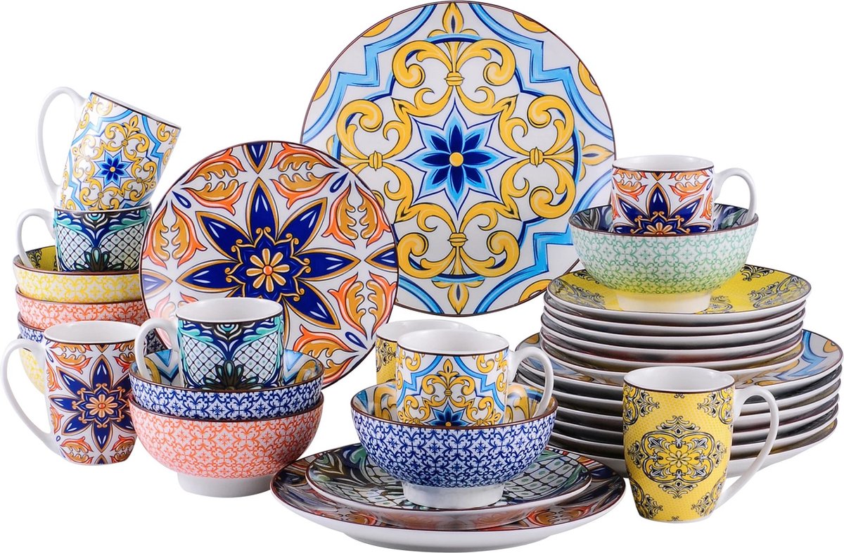 Serviesset - Bohemian Stijl - 8 Persoons Servies - Keramiek - Diner- en Dessertborden, Kommen en Kopjes - 32-delige Set
