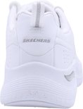 Achterkant van een witte damessneaker met 'SKECHERS'-logo en zilverkleurige reflectie.