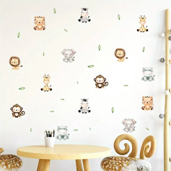 Stickers muraux ' Animaux de bande dessinée africains' - 14 stickers - PVC autocollant - Chambre de bébé - Chambre enfant - Éléphant - Hippopotame - Lion - Singe - Zebra - Girafe - Tigre