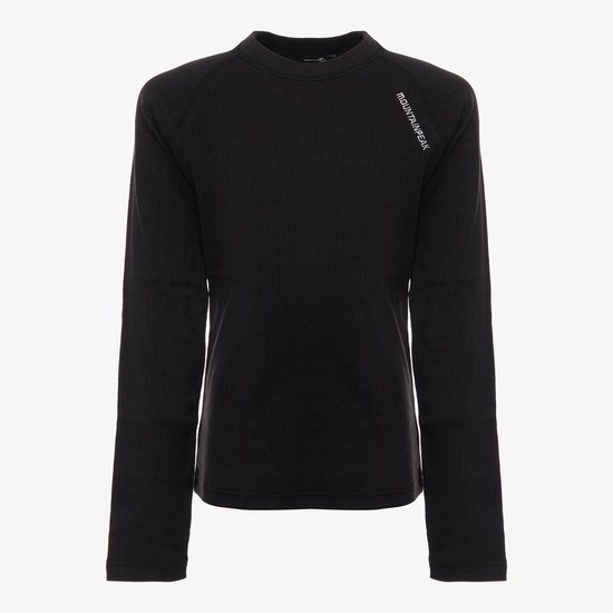 Zwart thermo shirt met lange mouwen en de tekst 'MOUNTAINPEAK' op de linkerschouder.