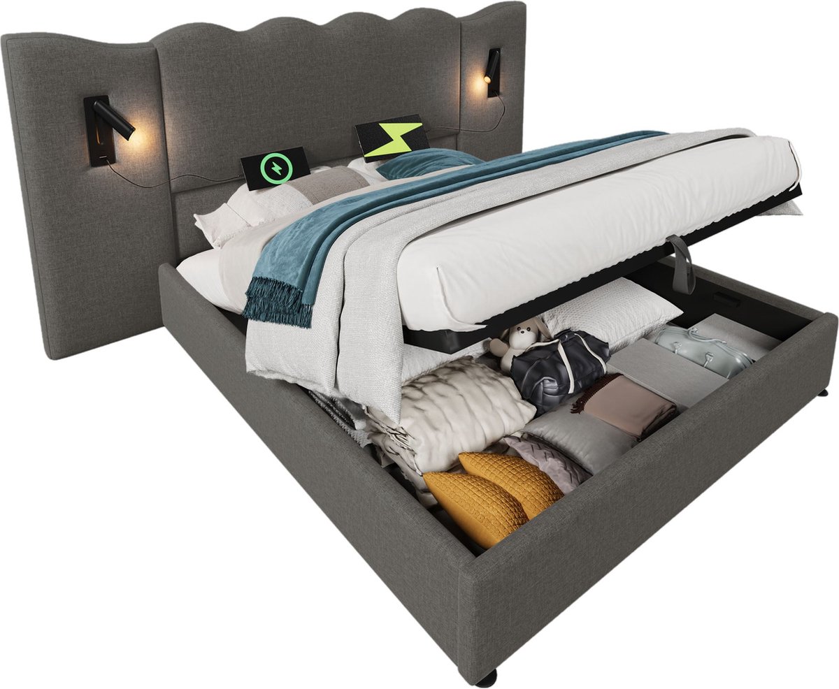 Merax Tweepersoonsbed 160x200 met Opbergruimte - USB-C Oplaadfunctie en Leeslamp – Grijs L