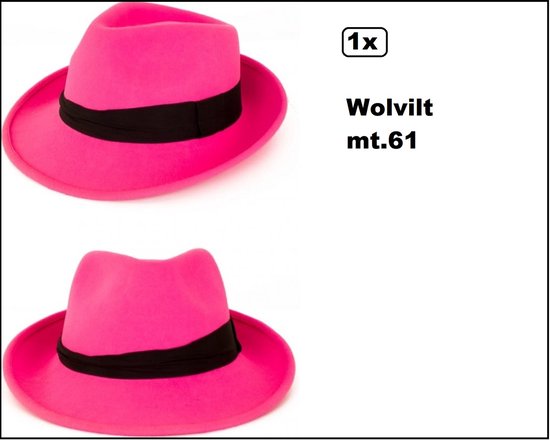 Luxe hoed pink wolvilt mt.61 - gleufhoed - Maffia carnaval Al capone ganster festival optocht