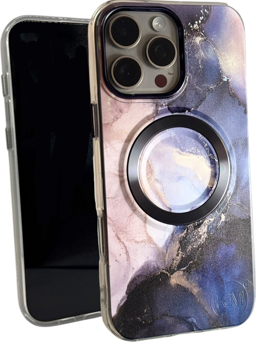 HEM Artistic Black-Purple Hoesje geschikt voor iPhone 16 Pro - Hoesje Magsafe Compatibel - Shockproof Backcover
