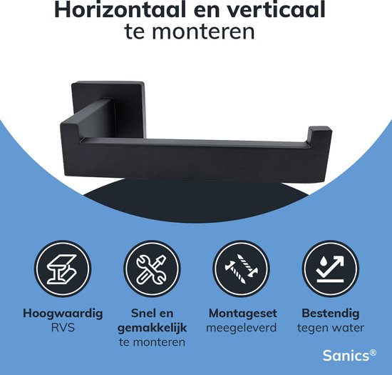 Sanics Seal Porte-rouleau de papier toilette Zwart avec kit de montage - Porte-rouleau de papier toilette en acier inoxydable - Porte- Papier toilette - Porte-rouleau de papier toilette