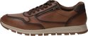 Bruine leren sneaker, zijaanzicht, met veters en ritssluiting.