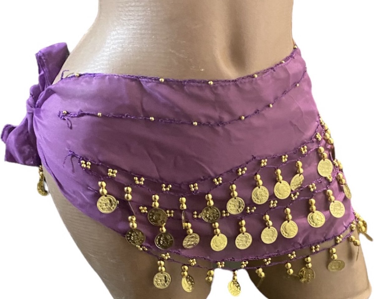 Scoby - Buikdans Sjaal - Gouden Muntjes - Belly Dance Shawl - Dansaccessoire - Buikdans Kostuum - 150cm - Paars