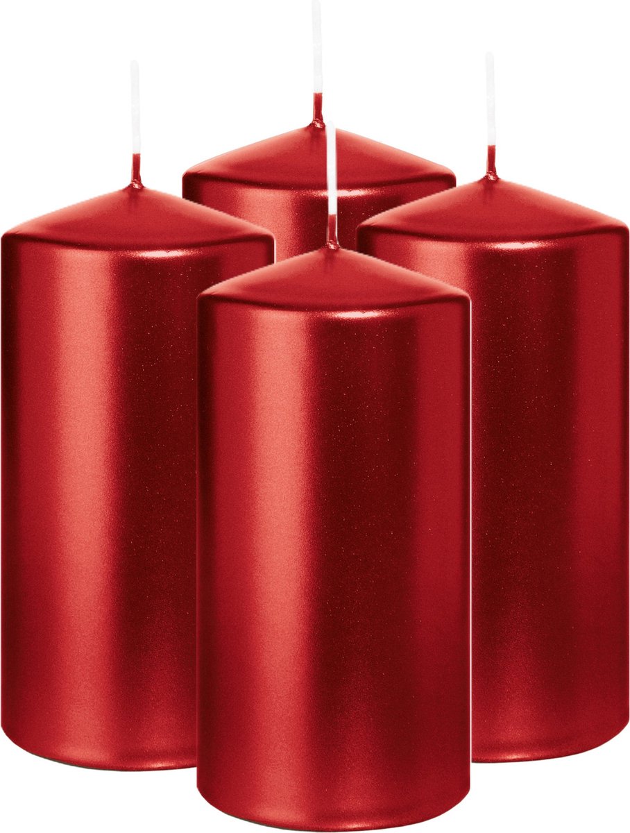 Wiedemann Cilinderkaars/stompkaars - 4x - metallic rood - 12 x 6 cm - 33 branduren - zuilkaarsen Donkerrood