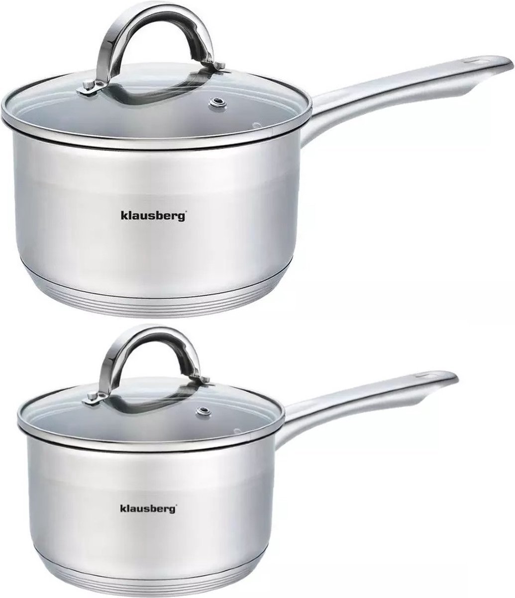 2 x steelpan / sauspan - steelpan met glazen deksel - Ø14 en Ø18 cm - RVS - 1 liter en 21 liter