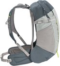 Grijze Vaude rugzak, zijaanzicht, met lichtgrijs voorpaneel met geometrisch patroon en gele accenten.