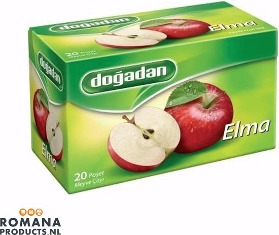 Boîte de thé à la pomme Doğadan avec deux pommes rouges, dont une coupée. Emballage vert et jaune avec le texte "Elma".