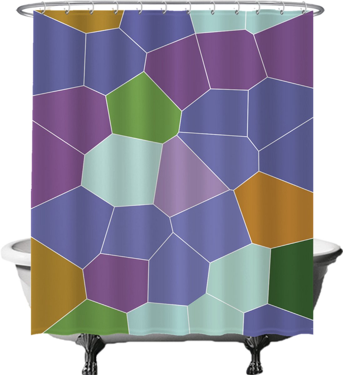 Ulticool Douchegordijn - Pentagon Hexagon Aesthetic - Vormen en Kleuren - 180 x 200 cm - met 12 ringen - Anti Schimmel - Waterdicht & Wasbaar - Semi Transparant - Lila Paars Oker Groen