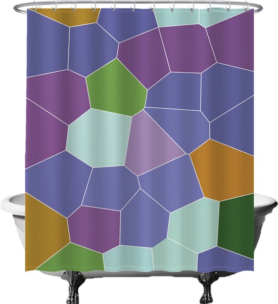 Foto: Ulticool douchegordijn pentagon hexagon aesthetic vormen en kleuren 180 x 200 cm met 12 ringen anti schimmel waterdicht wasbaar semi transparant lila paars oker groen