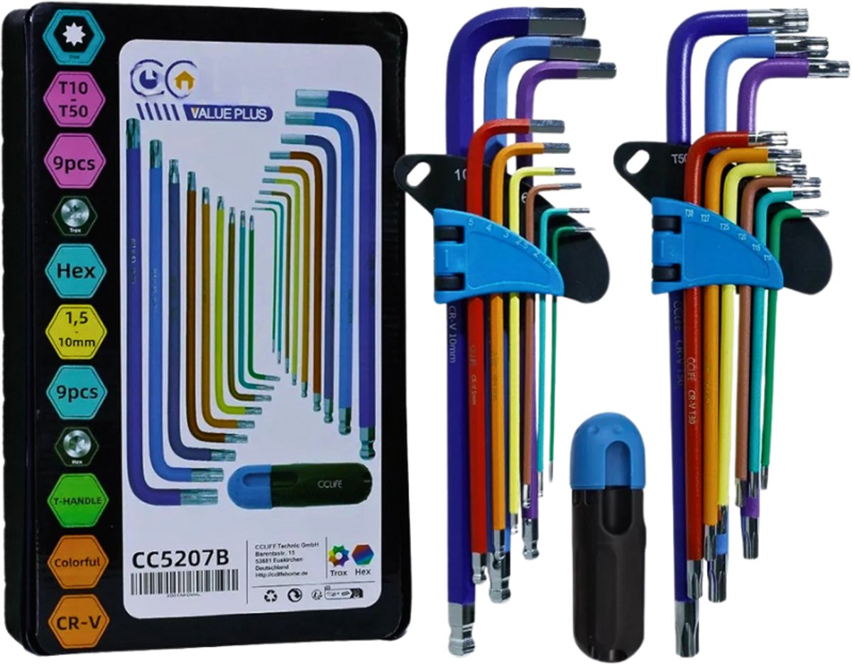 18-Delige Torx-Inbussleutelset - TX Hoeksleutels 1,5 mm-10 mm & T10-T50 - Cr-V Staal