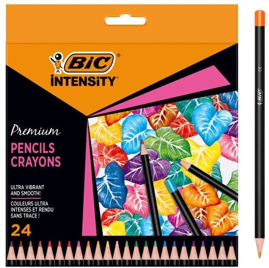 BIC Intensity Premium 24 Kleurpotloden verpakking met bladeren en oranje potlood.