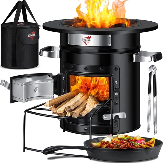 Rocket Stove met Gietijzeren Grillpan en Draagtas - Ideaal voor Camping en BBQ