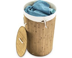 wasmand bamboe - 70 l - opvouwbaar - met deksel en katoenen waszak - Ø 41 cm - natuur