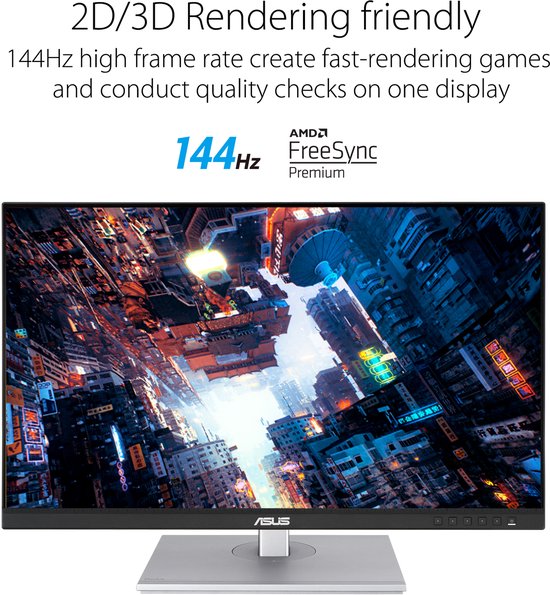 ASUS ProArt monitor met 144Hz en AMD FreeSync Premium, getoond met stadsgezicht.