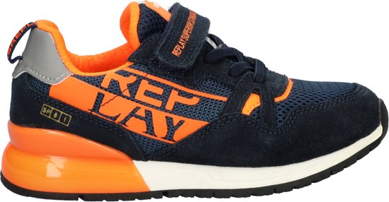 Blauwe en oranje sneaker met 'REPLAY' logo op de zijkant.