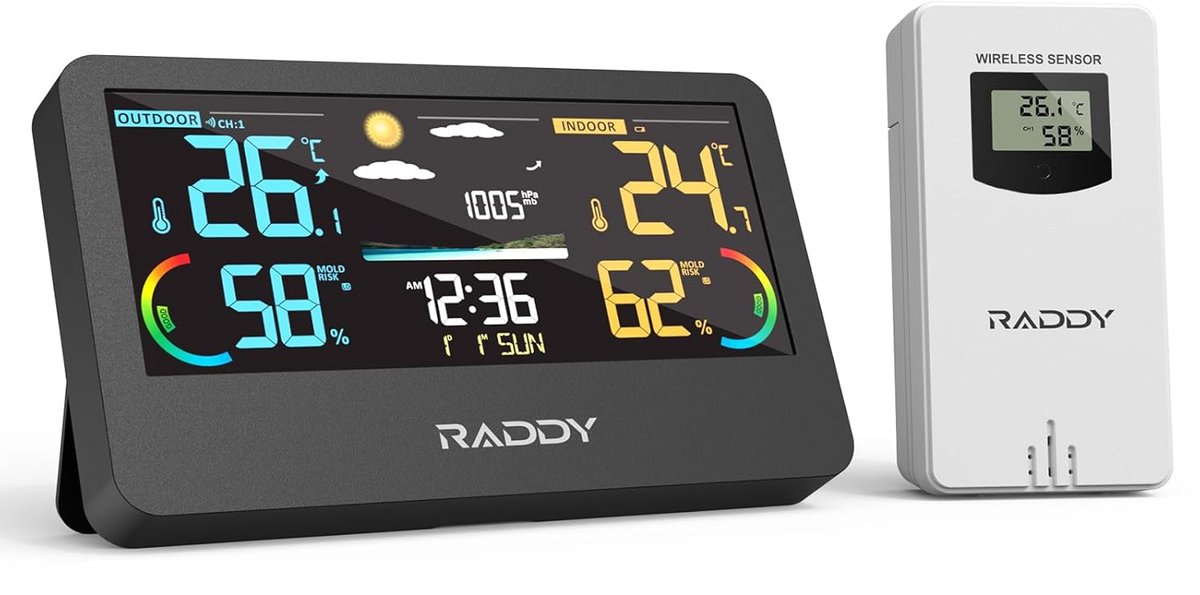Draadloze Weerstation met Binnen-Buitenthermometer en Hygrometer voor Thuisgebruik - Kleurendisplay, Wekker en Weersvoorspelling