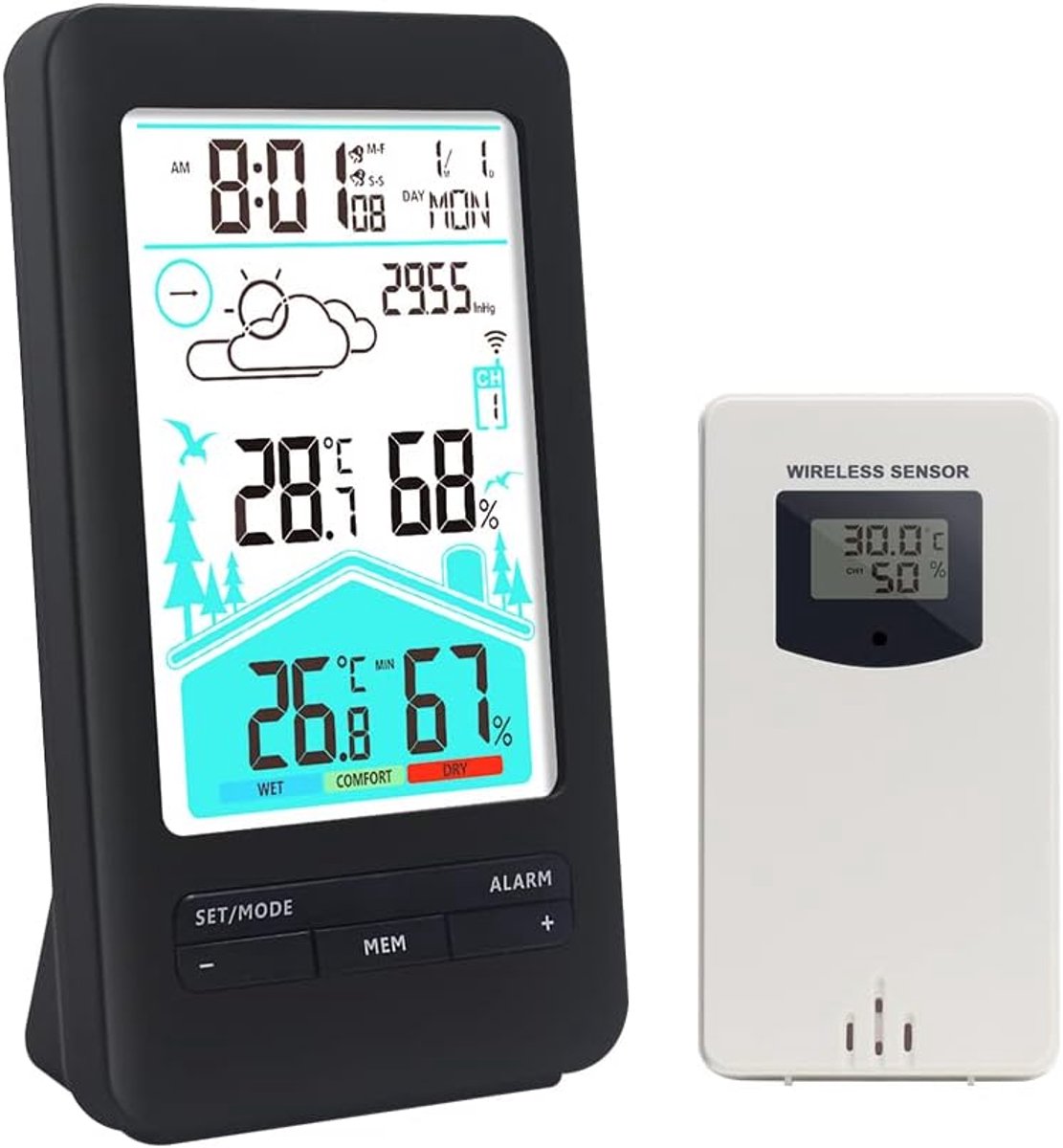 Weerstation met sensor - Weersvoorspeller thermometer - Binnen en buiten - DCF radiogestuurde klok - 60m bereik - Wit