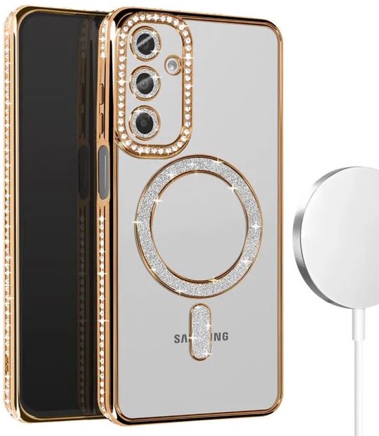 Coque avec diamants et Glitter Convient pour : Samsung Galaxy S25 Plus - Coque MagSafe Glitter - Or avec pierres de diamant - Coque Glamour