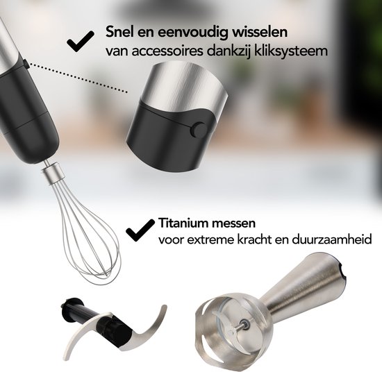 5-in-1 staafmixer, Reemix staafmixer 1000 W met 12 snelheden en turbo-modus, mixer met garde, keuken, melkopschuimer, hakmolen, 500 ml, maatbeker 600 ml, BPA-vrij (zwart
