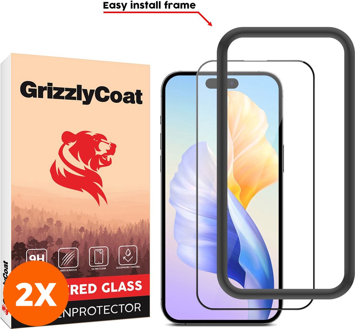 GrizzlyCoat Screenprotector geschikt voor Apple iPhone 15 Glazen | GrizzlyCoat Easy Fit Screenprotector - Case Friendly + Installatie Frame - Zwart (2-Pack)