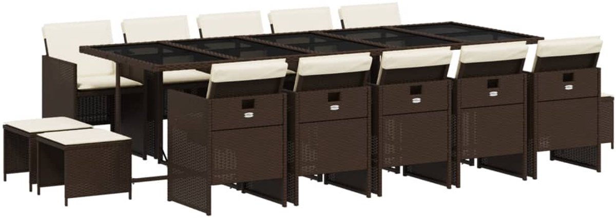 Poly rattan bruine tuinset met kussens en eetkamer- en loungeset.