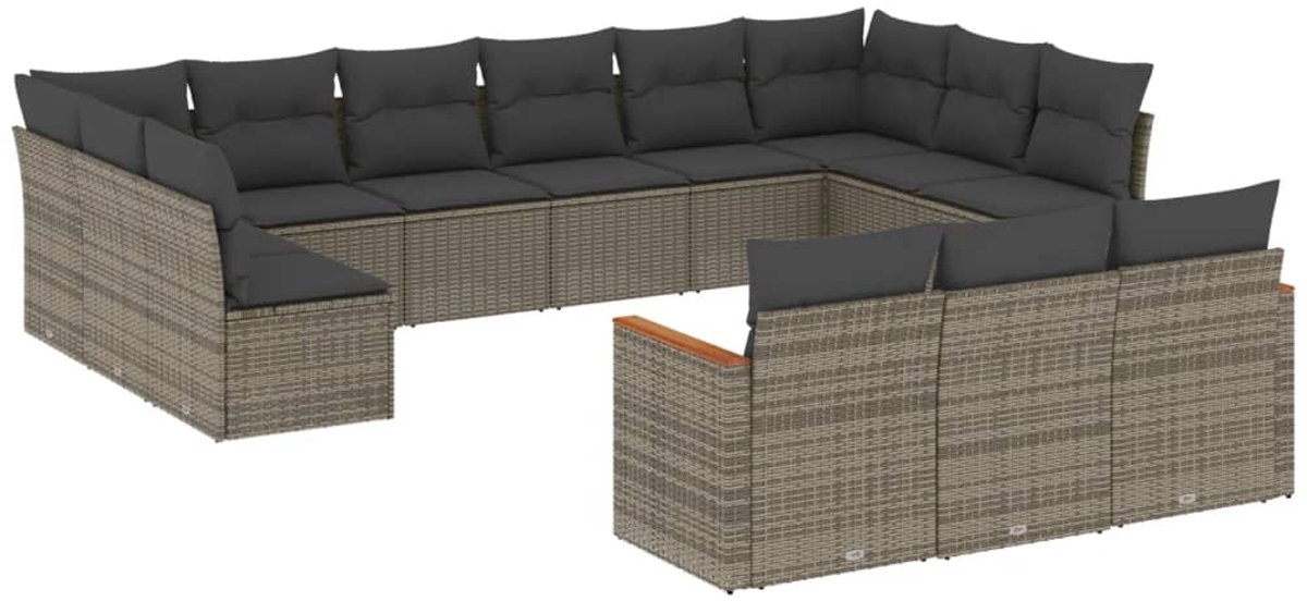 13-delige Loungeset met grijze kussens en poly rattan - Tuinmeubilair