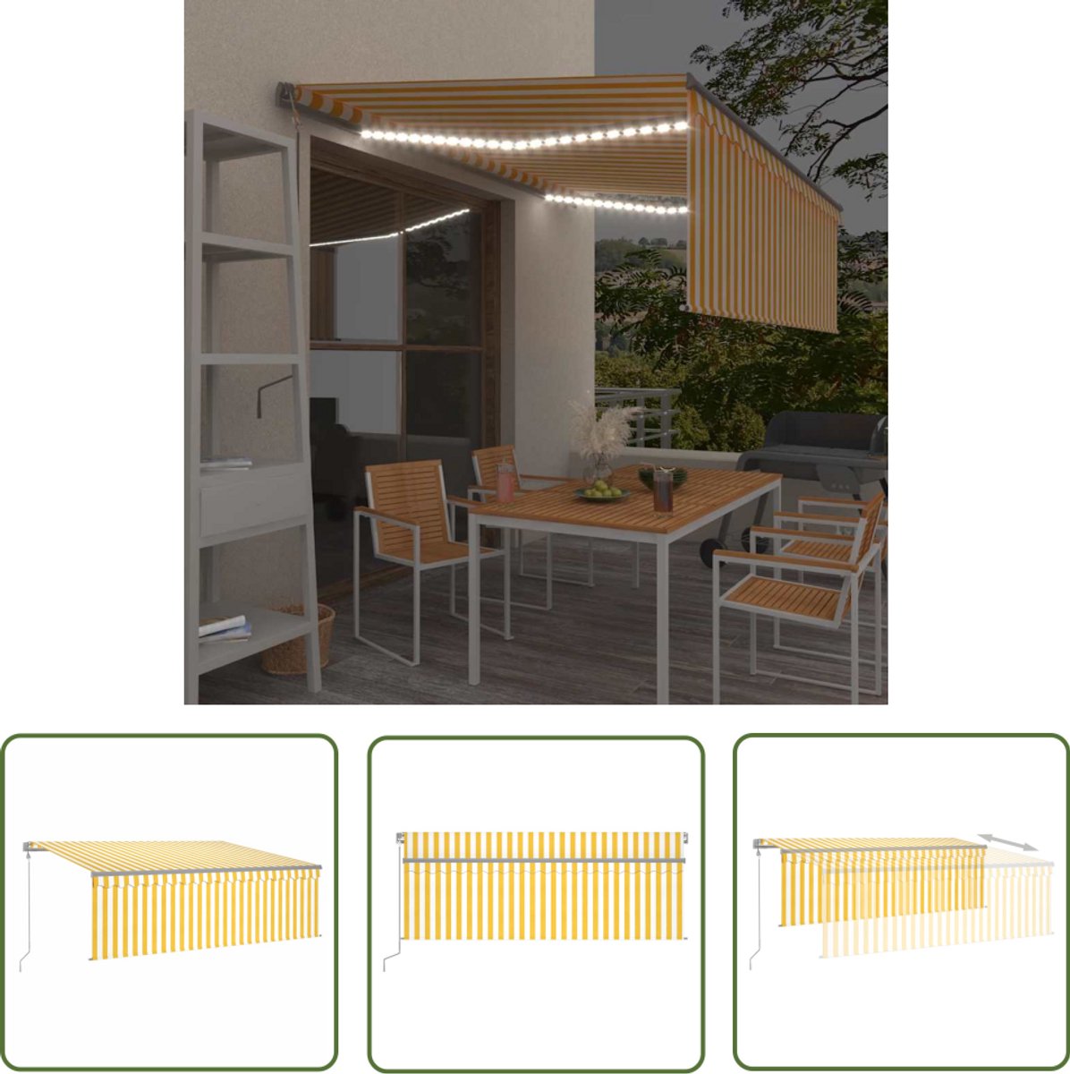 Automatisch rolgordijn met LED-verlichting, windsensor, geel en wit, 4x3 m - The Living Store.
