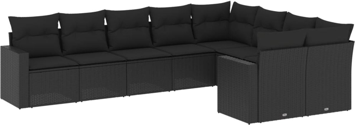 The Living Store 9-delige Loungeset met kussens poly rattan zwart - Loungeset - Tuinset - Tuinmeubels - Lounge Set - Outdoor Furniture