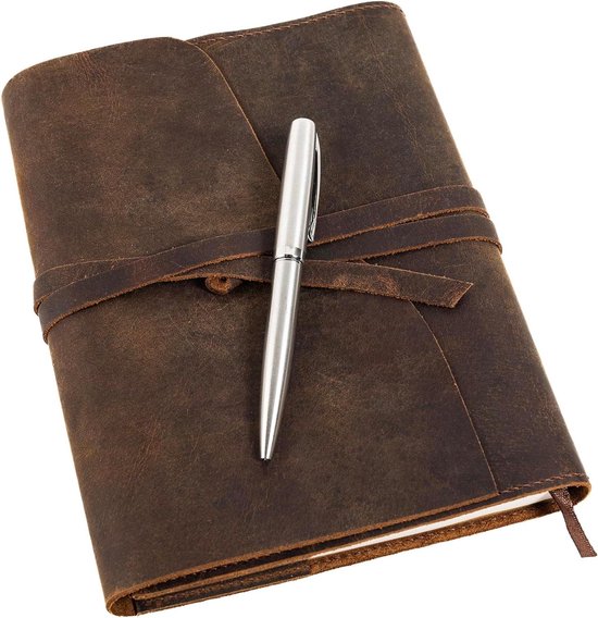 Carnet de notes rustique en cuir Handgemaakt – rechargeable – dessins et croquis quotidiens – stylo de Luxe – format A5 – Voyages et écriture en Bébé en route – ​​coffret cadeau