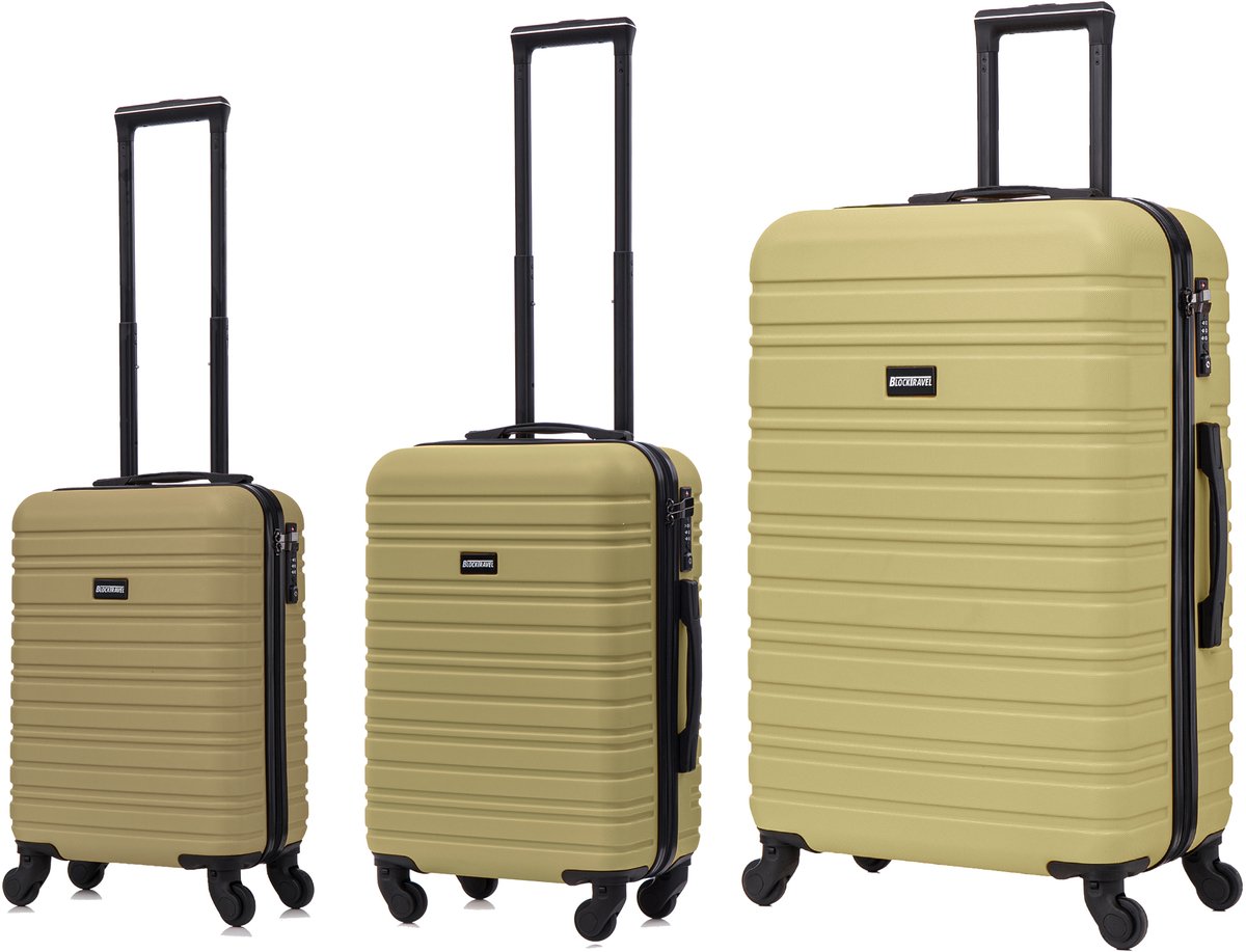 BlockTravel - kofferset - 3 delig - ABS - ruimbagage en handbagage - 29 39 en 74 liter - inbouw TSA slot - olijf groen
