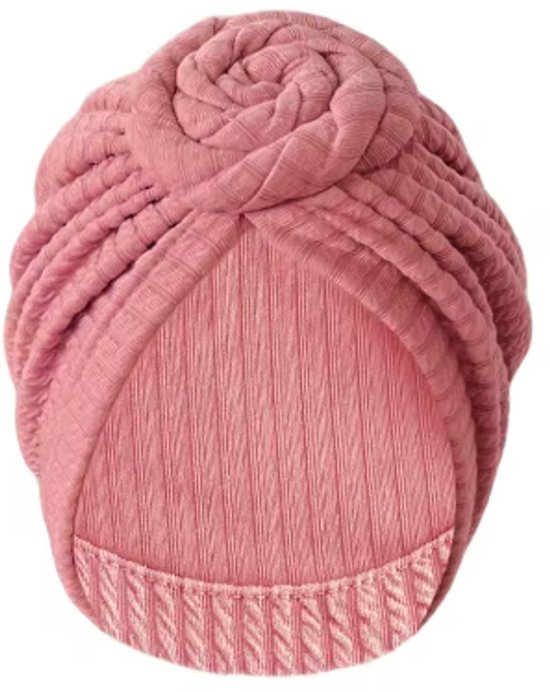 Roze tulband met ribbelpatroon en strik, van bovenaf gezien