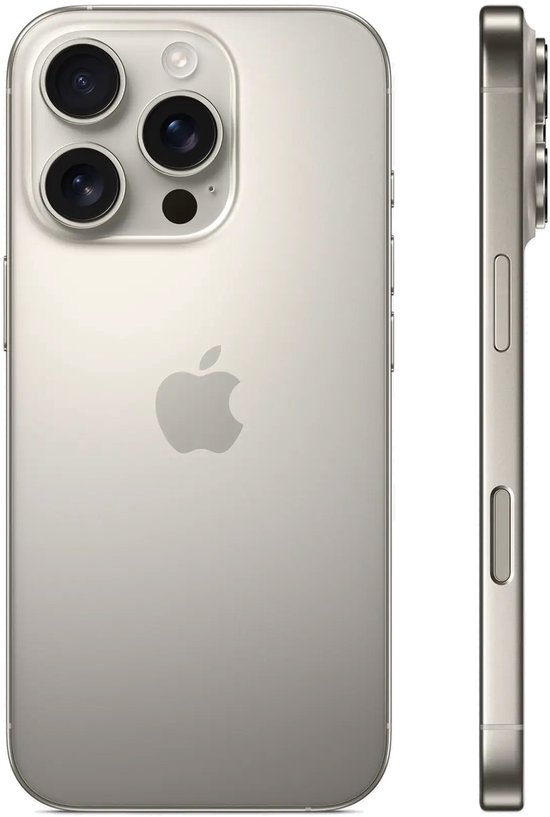 Zilverkleurige iPhone 14 Pro, vooraanzicht met de drie camera's en Apple logo, en zijaanzicht met knoppen.
