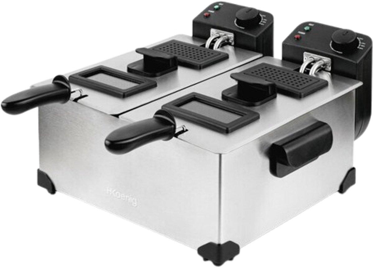 HKoeNIG DFX600 - Dubbele friteuse 2x3L - 3600W - 2 onafhankelijke thermostaten - Uitneembare mandjes - Anti-geurfilters - Staal