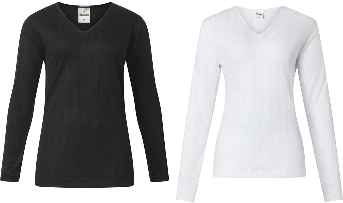 Lunatex - 2 dames thermo T-shirts - lange mouw - 50% polyester en 50% modal - zwart & wit - maat XXL