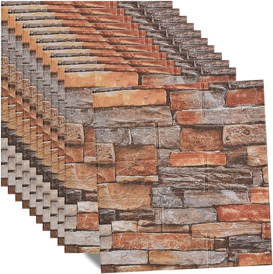 3D-wandpanelen, zelfklevend, 10 stuks, baksteenbehang, steenlook, 35 x 38,5 cm, steenbehang, waterdicht, wandbehang, zelfklevend behang voor keuken, slaapkamer, badkamer, woonkamer (rotsrood)