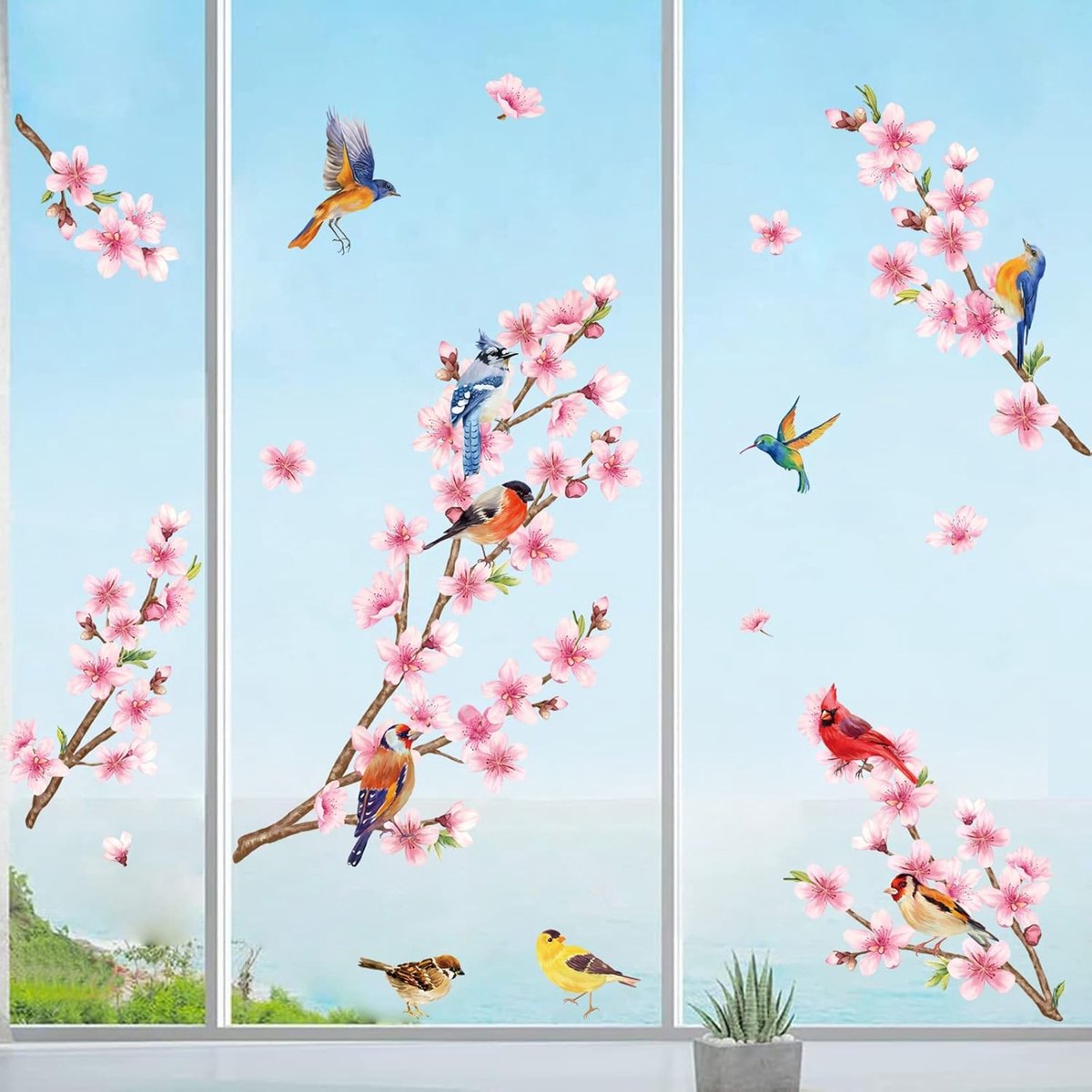 Muur- en raamstickers met kersenbloesem – decoratieve raamstickers met vogelafschrikmiddel. Anti-collision vensterglas stickers, ideaal voor deuren, ramen en muurdecoratie