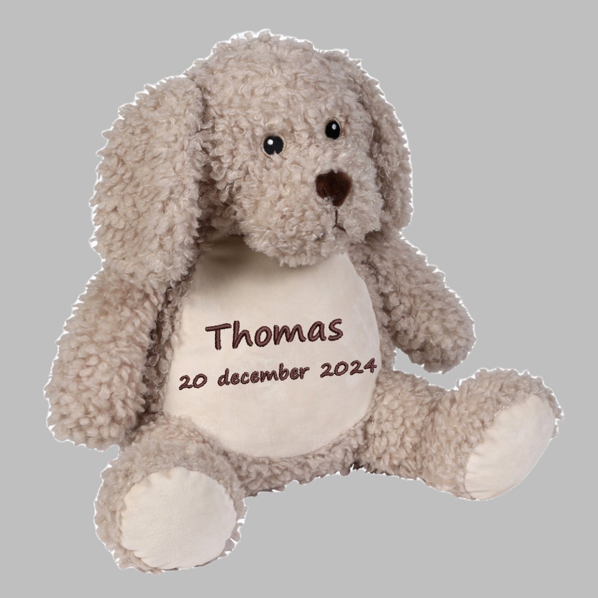 BorduurKnuffel Toffeehond met naam en geboortedatum - gepersonaliseerd