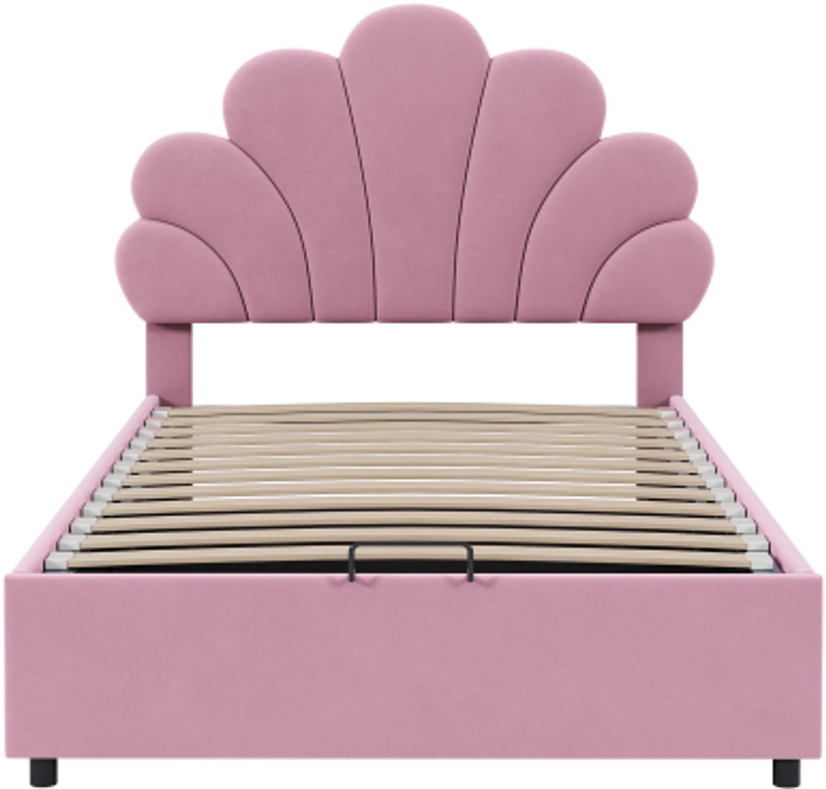 Gotagee Gestoffeerd kinderbed 90 x 200 cm, met bloemenhoofdbord en lattenbodem, met in hoogte verstelbaar hoofdbord en hydraulische opbergruimte, fluwelen stof, roze